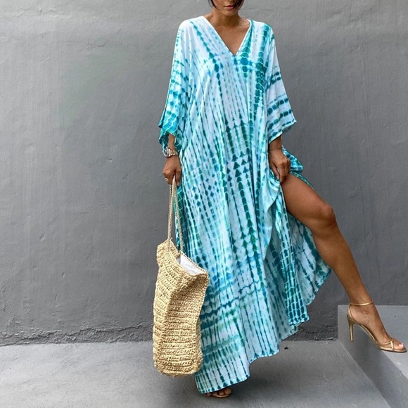 Multi Skye Blue Kimono Kaftan Dress Maxi 5⭐️Rated Soft Flowing Boho Maxi Coverup - Picture 3 of 7